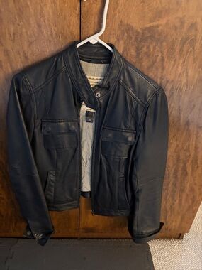 Mango Woman’s  Black Leather Bomber Jacket